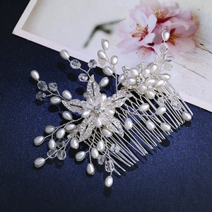 Bridal Hair Comb Elegant Faux Artificial Pearl Crystal Rhinestone Floral Wedding Headpiece Silver Hand Woven Accessory For Women
