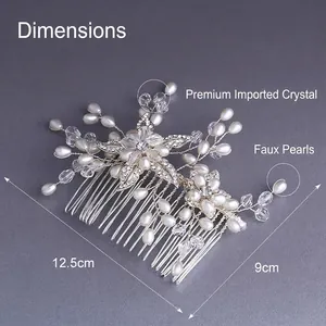 Elegant bridal hair comb with faux pearls and crystals, star floral design, 12.5cm width
