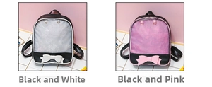 Detail view of ita bags in black-white and black-pink colors with glitter bow windows