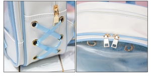 Detail view of Japanese style backpack with blue ribbon lacing and golden metal zippers