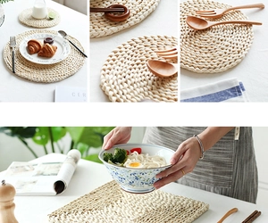 Macro detail of natural handmade corn husk woven placemats for heat-resistant table protection