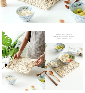 Macro detail of thick woven corn husk placemat with natural handmade texture for dining