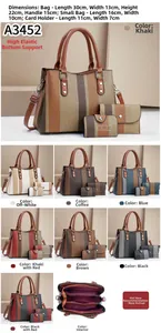 Three-piece striped tote bag set with dimensions including main bag and small pouches