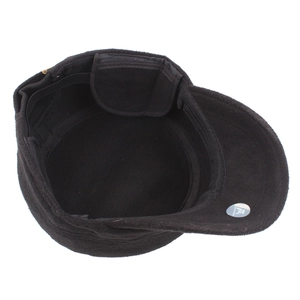 Winter black flat top hat with warm fleece lining and ear flaps shown from a top view