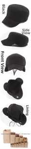 Detail of warm black fleece flat top hat with fold-out ear flaps and thick lining