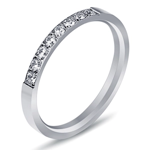 Modern 18K white gold plated 2mm stainless steel band ring with sparkling cubic zirconia