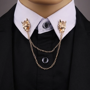 Golden wolf head brooch with double chain tassels on shirt collar for men and women
