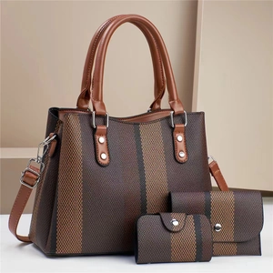 Three-piece women striped tote set with handbag, wallet and pouch in brown textured fabric
