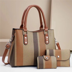 Three-piece women's handbag set featuring striped texture with brown leather straps