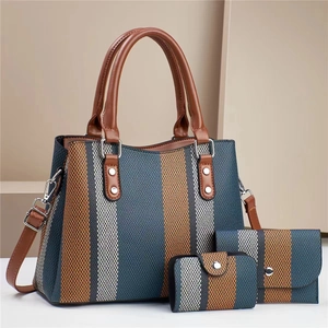 Three-piece set of woven canvas tote bags with color-block stripes and faux leather handles
