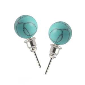 Classic 10mm turquoise stud earrings with natural marble texture and silver plating