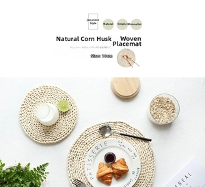 Macro detail of round woven corn husk table mat showing textured handcrafted craftsmanship