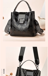 Detail of black checkered bucket bag featuring hardware buckle and wavy pattern strap