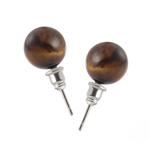 Classic 10mm tiger eye natural stone ball stud earrings with polished silver base