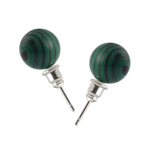 Minimalist 10mm round green malachite natural stone stud earrings with silver pins