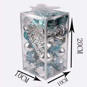 32-pack of lake blue and silver Christmas ball ornaments in a clear 10x10x20cm storage box