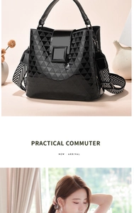 Detail of black patent leather bucket bag with textured pattern and woven strap