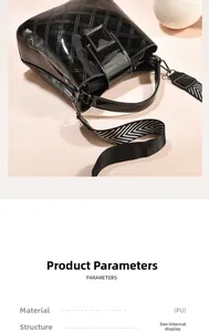 Detail of black quilted PU leather shoulder bag with chevron pattern wide strap