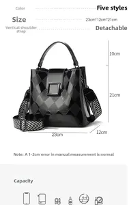 Detailed dimensions of the black patent leather bucket bag with quilted texture and strap