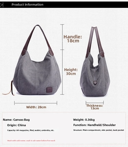 Canvas tote bag size details showing 30x28x13cm dimensions and multi-pocket internal structure