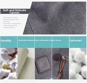 Detailed view of grey canvas texture with waterproof coating and premium leather logo patch
