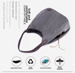 Detailed top view of grey canvas hobo bag showing durable texture and leather straps