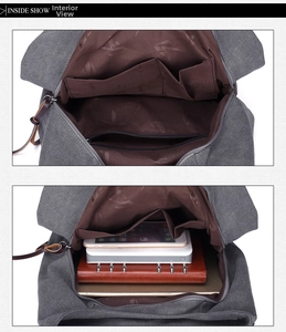 Detailed interior view of multi-compartment canvas bag showing spacious storage with pockets