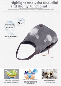Detail of grey canvas tote with leather handles showing breathable and durable material