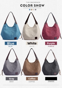 Color display of multi-compartment canvas handbags in blue, white, purple, gray and black