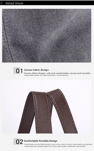 Detail of grey canvas tote bag with brown leather handles and contrast stitching