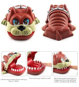 Three-step guide for bulldog finger biting toy showing opening and teeth pressing action