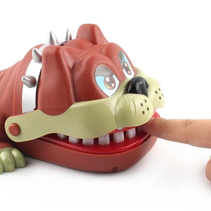 Classic cartoon dog biting finger prank game with sharp teeth and spiked collar design