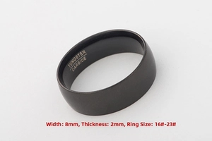Detail view of 8mm black tungsten carbide ring showing width, thickness and inner engraving