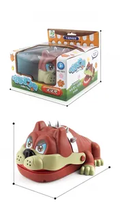 Detailed dimensions of brown bulldog biting toy and packaging for desktop game fun