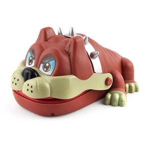 Bulldog biting finger prank toy in brick red with spiked collar on a white background