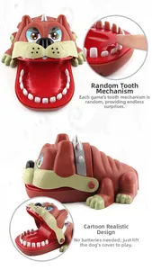 Mechanical biting bulldog toy with random tooth mechanism shown in multi-angle detail views