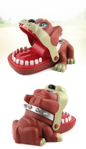 Close-up of bulldog prank toy with open mouth and detailed spiked collar design