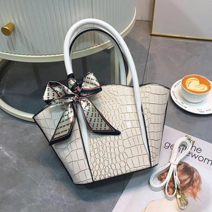 Chic white crocodile pattern handbag with elegant H-print silk scarf and top handle