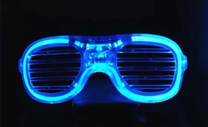 Blue LED light-up shutter glasses glowing brightly in the dark for party events