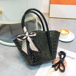 Fashion Handbag PU Leather Crocodile Pattern With Satin Scarf Decor Crossbody Bag For Women Urban Simple Style