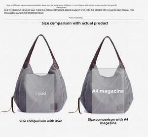 Detailed size comparison of the grey canvas tote bag with an iPad and A4 magazine
