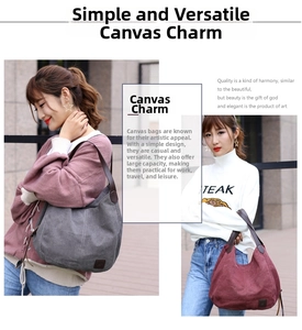 Detail of high-capacity canvas tote bag with leather handles in grey and burgundy colors
