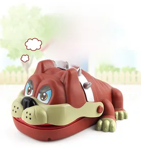 Close-up of brown toy dog's biting mouth feature for party prank and interactive play