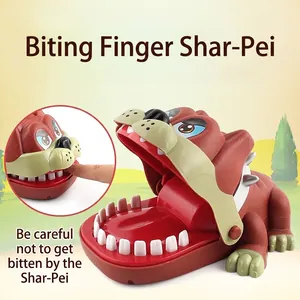 Classic brown bulldog finger biting game toy with open mouth and mechanical teeth