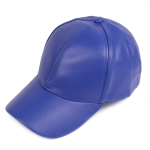 Detail of navy blue faux leather baseball cap showing smooth PU texture and stitching