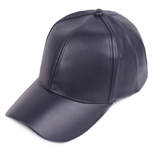 Detail view of the black faux leather baseball cap with fine stitching and curved brim