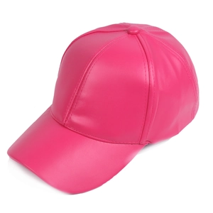 Detail view of the rose red PU leather baseball cap with classic six-panel stitching