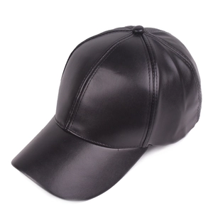 Classic black faux leather baseball cap with a six-panel crown and curved brim for adults