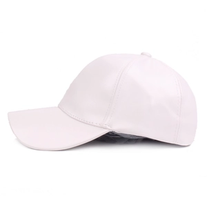 Side view of a white faux leather baseball cap featuring a six-panel structured design