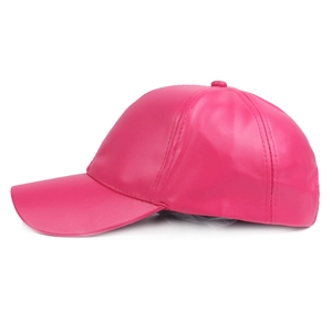 Detailed side view of rose red PU leather baseball cap with glossy textured finish